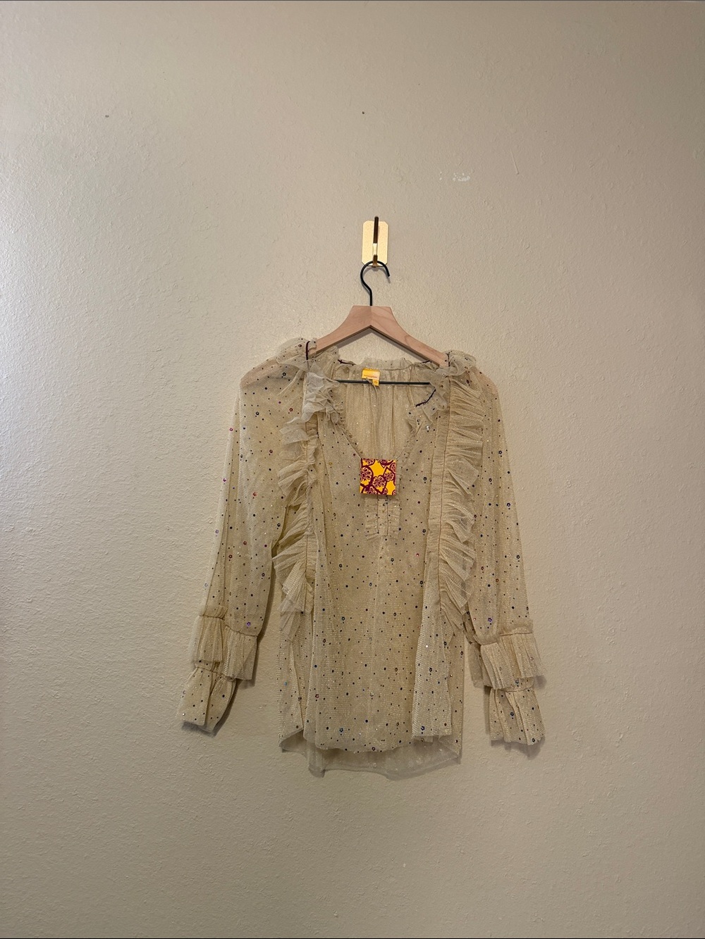 Monoplaza Sheer Ruffle Tulle Sequin Long Sleeve Top Size XS NWT